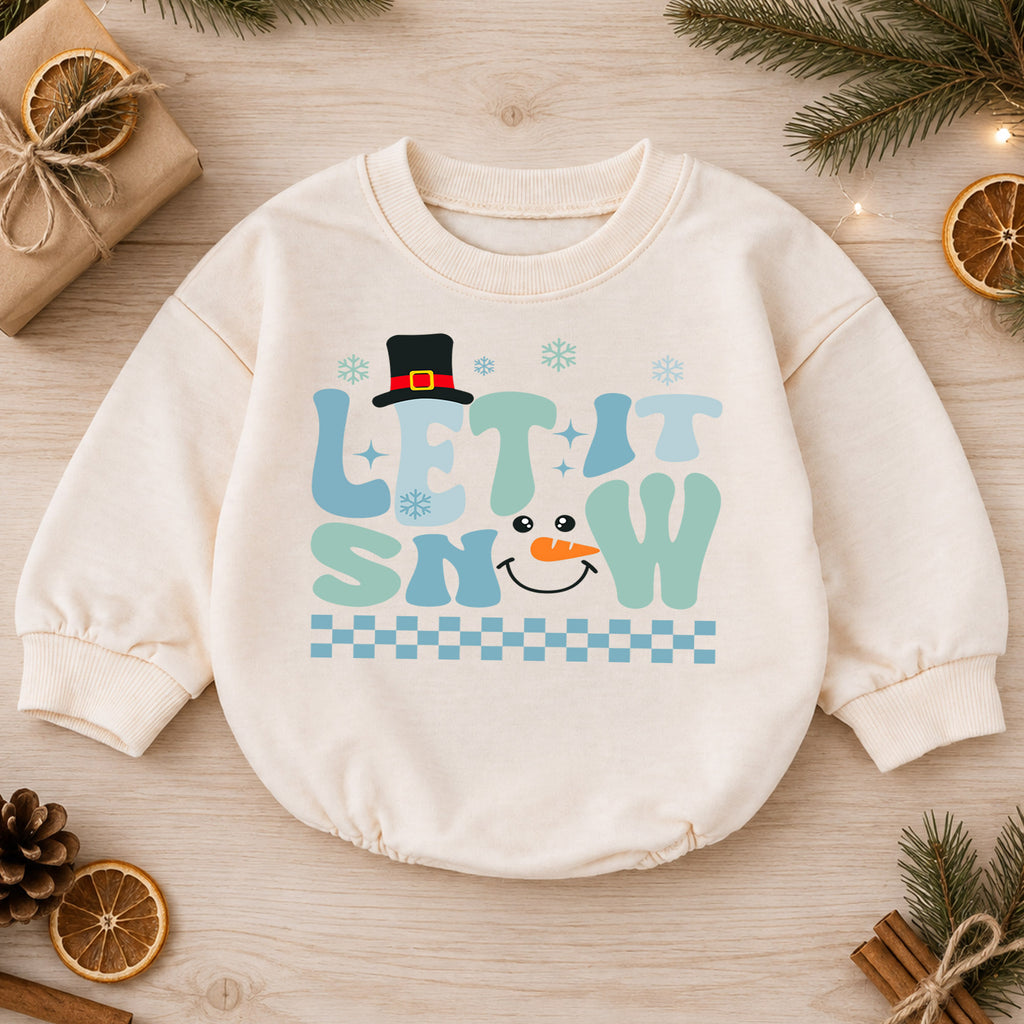 Let It Snow Snowman Baby Romper, Blue Retro Winter Christmas Outfit, Toddler Holiday Romper, Cute 1st Christmas Gift for Baby — product view 1