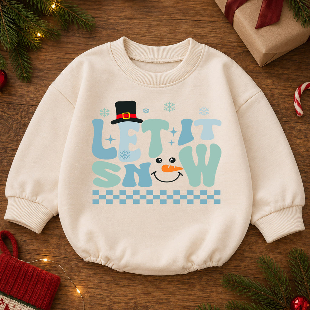 Let It Snow Snowman Baby Romper, Blue Retro Winter Christmas Outfit, Toddler Holiday Romper, Cute 1st Christmas Gift for Baby — product view 2