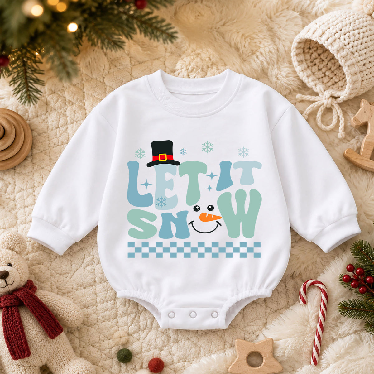 Let It Snow Snowman Baby Romper, Blue Retro Winter Christmas Outfit, Toddler Holiday Romper, Cute 1st Christmas Gift for Baby — product view 3
