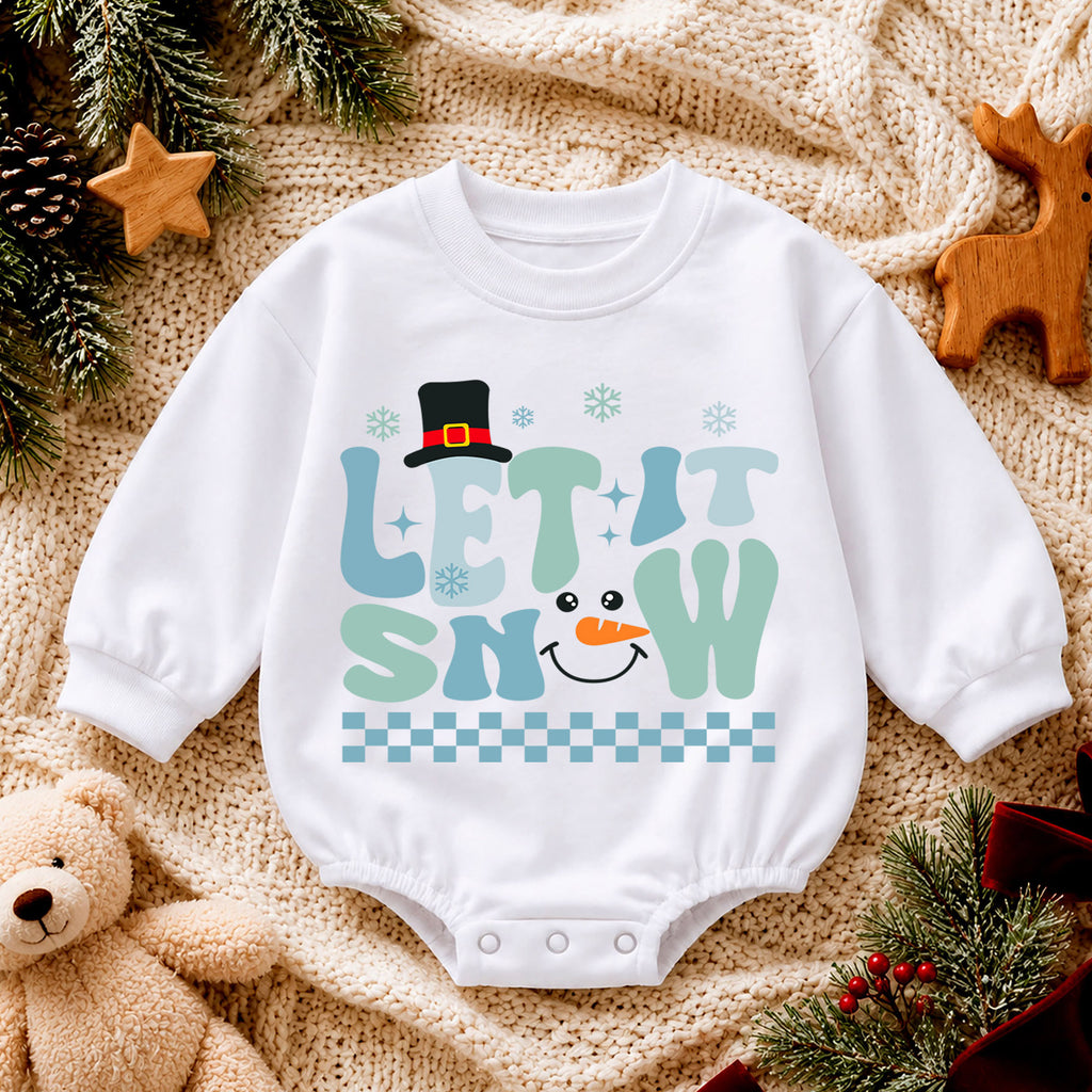 Let It Snow Snowman Baby Romper, Blue Retro Winter Christmas Outfit, Toddler Holiday Romper, Cute 1st Christmas Gift for Baby — product view 4