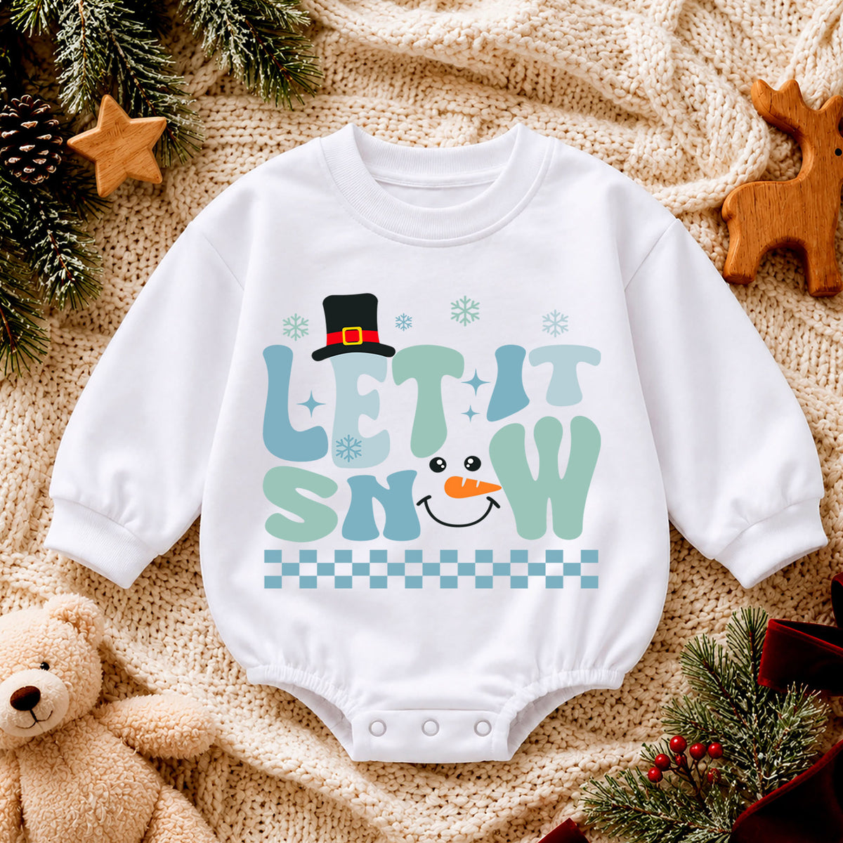 Let It Snow Snowman Baby Romper, Blue Retro Winter Christmas Outfit, Toddler Holiday Romper, Cute 1st Christmas Gift for Baby — product view 4