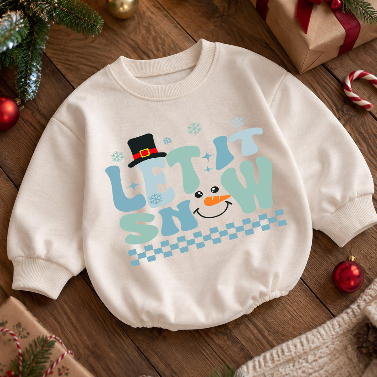 Let It Snow Snowman Baby Romper, Blue Retro Winter Christmas Outfit, Toddler Holiday Romper, Cute 1st Christmas Gift for Baby — product view 5