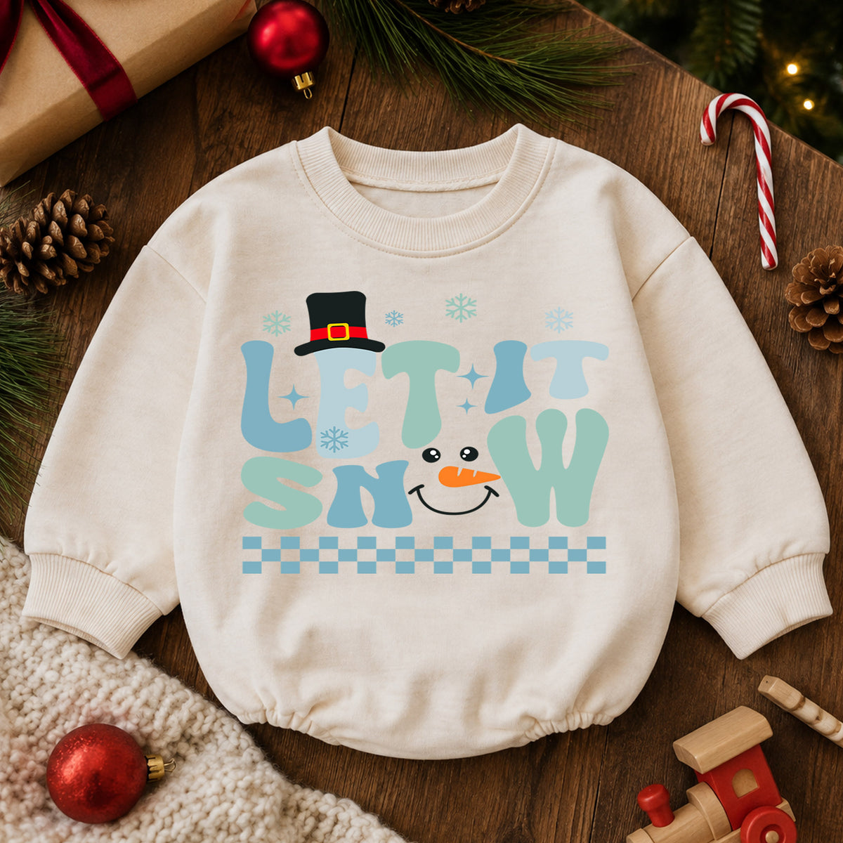 Let It Snow Snowman Baby Romper, Blue Retro Winter Christmas Outfit, Toddler Holiday Romper, Cute 1st Christmas Gift for Baby — product view 6