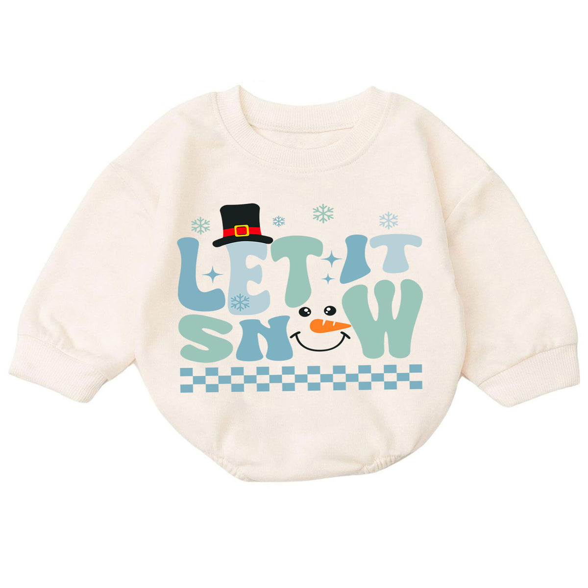 Let It Snow Snowman Baby Romper, Blue Retro Winter Christmas Outfit, Toddler Holiday Romper, Cute 1st Christmas Gift for Baby — product view 7