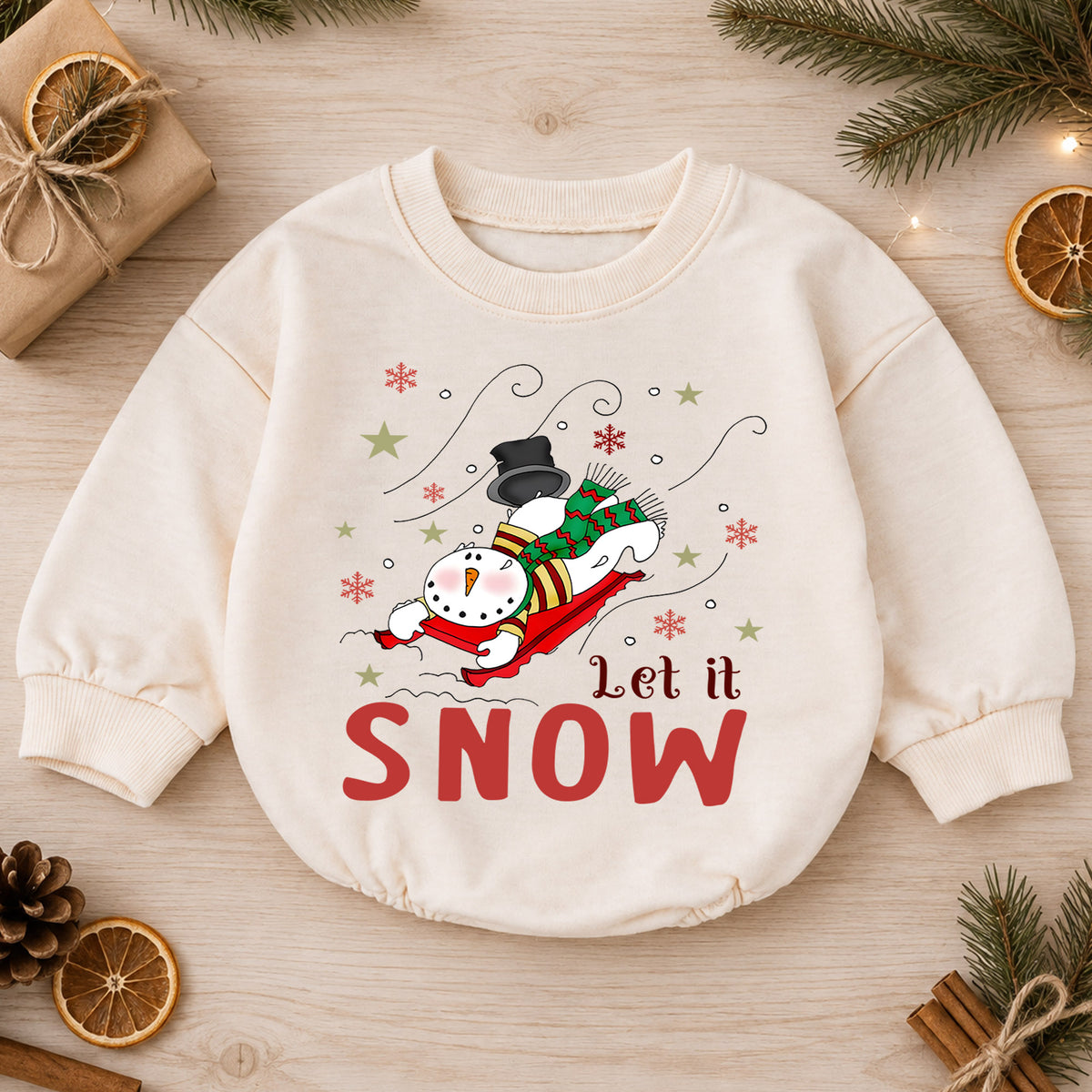 Let It Snow Christmas Baby Romper, Sledding Snowman Winter Outfit, Toddler Xmas Romper, Cute 1st Christmas Gift for Baby — product view 1