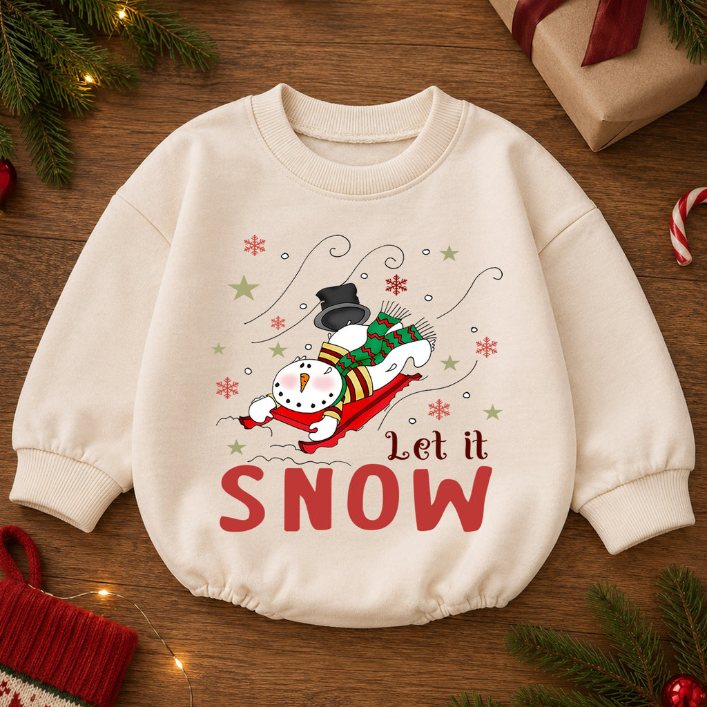 Let It Snow Christmas Baby Romper, Sledding Snowman Winter Outfit, Toddler Xmas Romper, Cute 1st Christmas Gift for Baby — product view 2