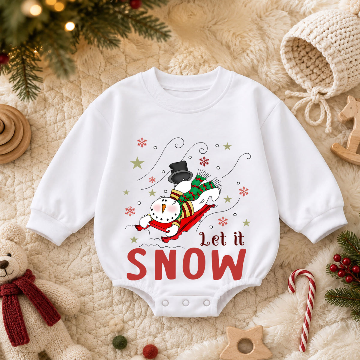 Let It Snow Christmas Baby Romper, Sledding Snowman Winter Outfit, Toddler Xmas Romper, Cute 1st Christmas Gift for Baby — product view 3
