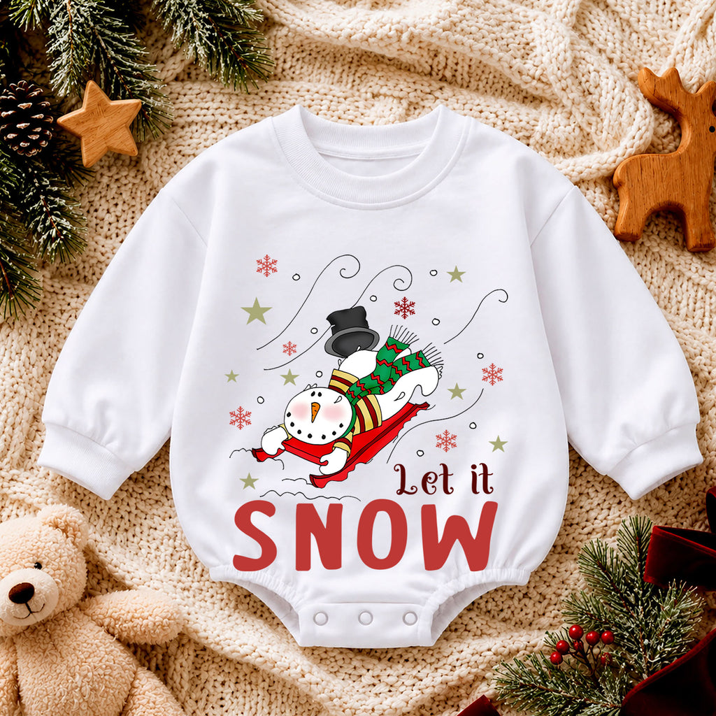 Let It Snow Christmas Baby Romper, Sledding Snowman Winter Outfit, Toddler Xmas Romper, Cute 1st Christmas Gift for Baby — product view 4