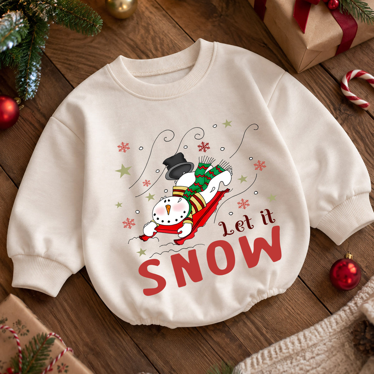 Let It Snow Christmas Baby Romper, Sledding Snowman Winter Outfit, Toddler Xmas Romper, Cute 1st Christmas Gift for Baby — product view 5