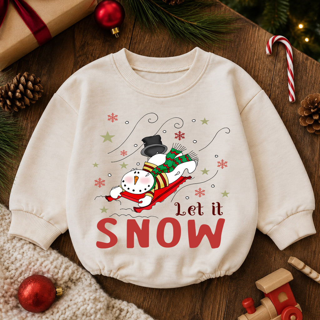 Let It Snow Christmas Baby Romper, Sledding Snowman Winter Outfit, Toddler Xmas Romper, Cute 1st Christmas Gift for Baby — product view 6