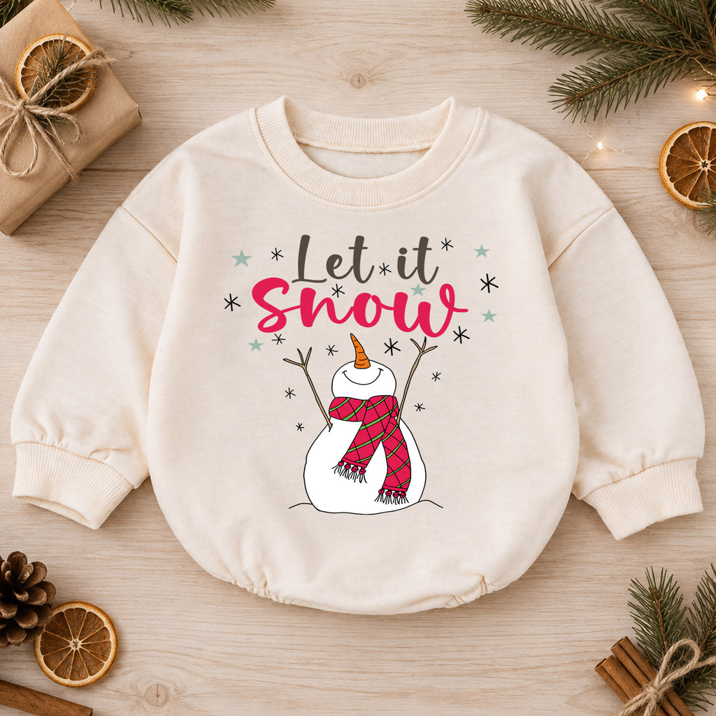 Let It Snow Snowman Christmas Baby Romper, Plaid Scarf Winter Outfit, Toddler Xmas Romper, Cute 1st Christmas Gift for Baby — product view 1