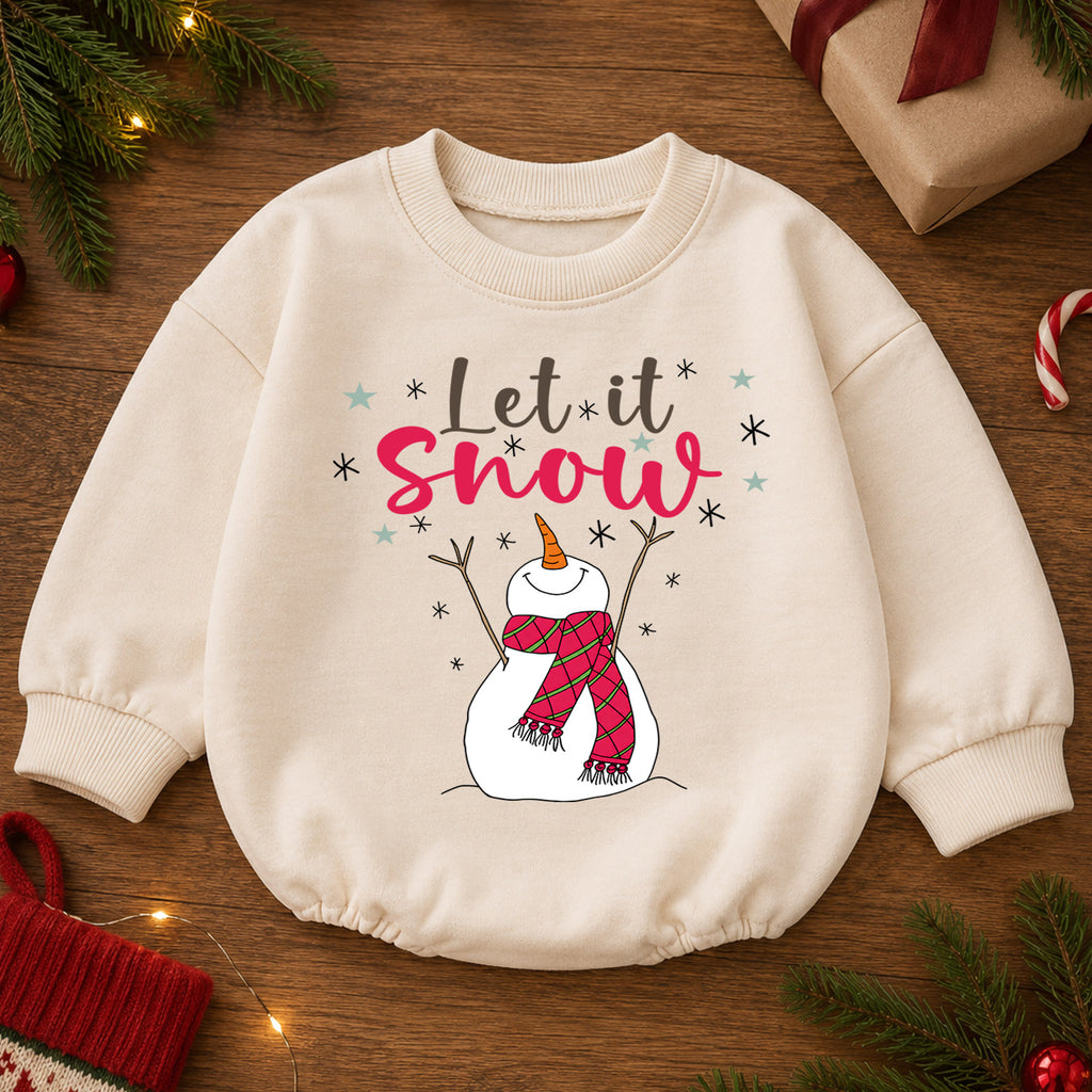 Let It Snow Snowman Christmas Baby Romper, Plaid Scarf Winter Outfit, Toddler Xmas Romper, Cute 1st Christmas Gift for Baby — product view 2