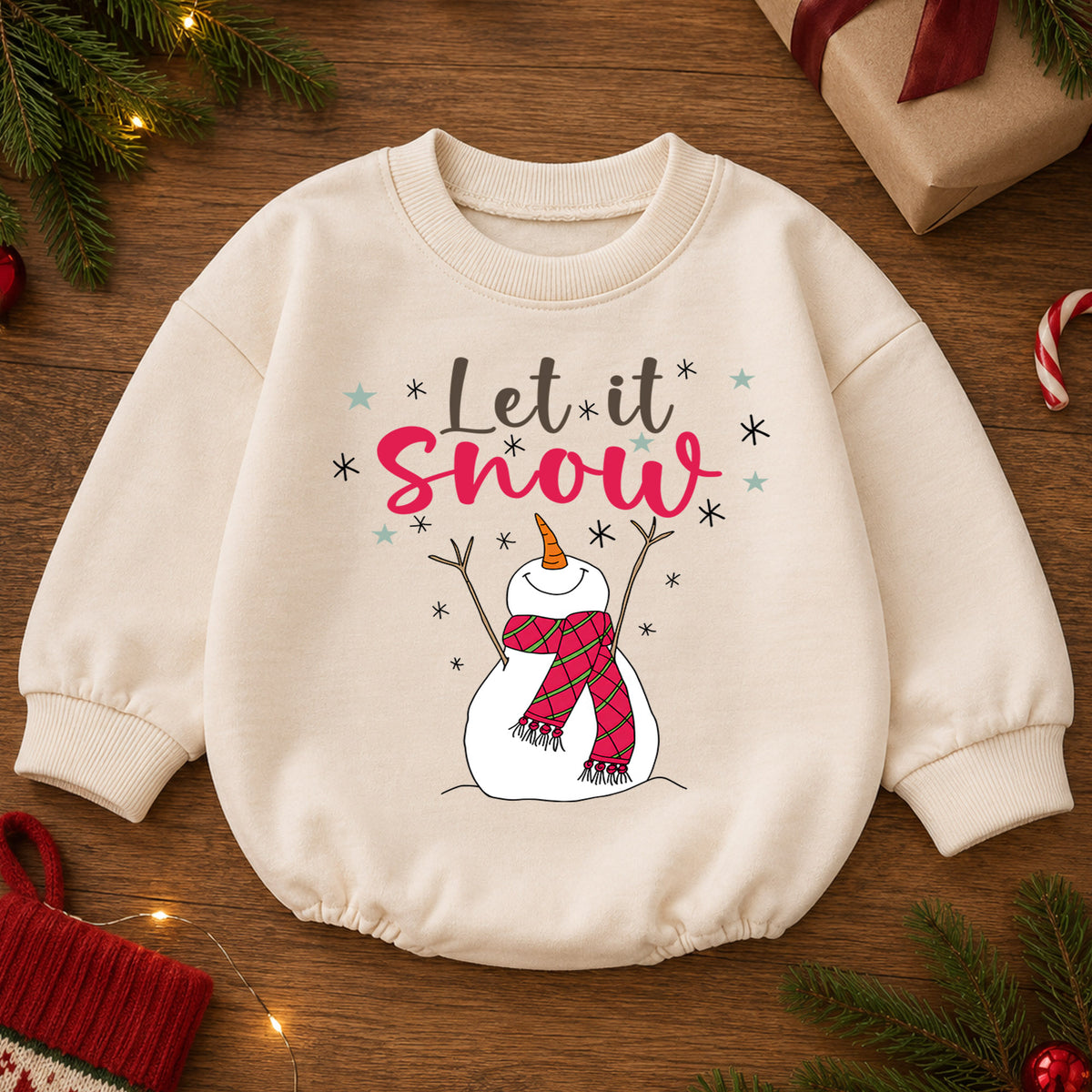 Let It Snow Snowman Christmas Baby Romper, Plaid Scarf Winter Outfit, Toddler Xmas Romper, Cute 1st Christmas Gift for Baby — product view 2