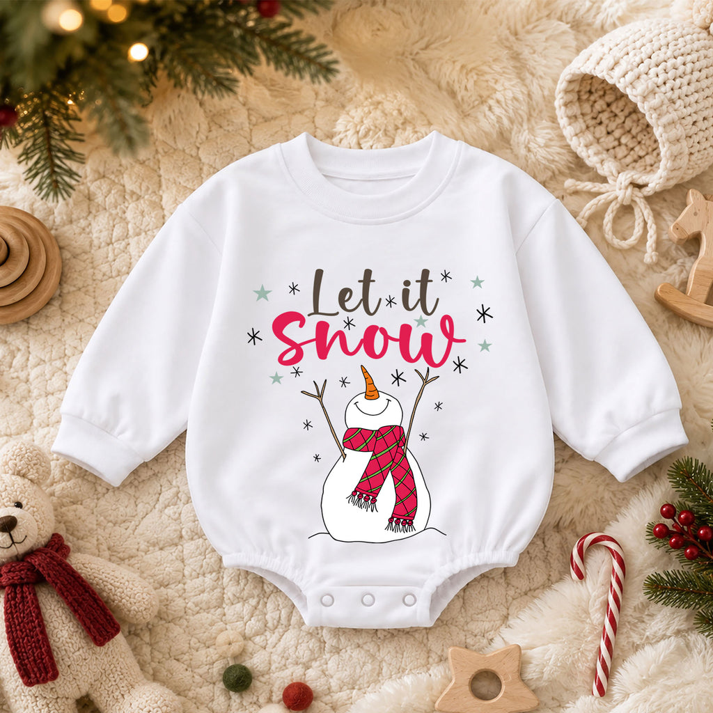 Let It Snow Snowman Christmas Baby Romper, Plaid Scarf Winter Outfit, Toddler Xmas Romper, Cute 1st Christmas Gift for Baby — product view 3