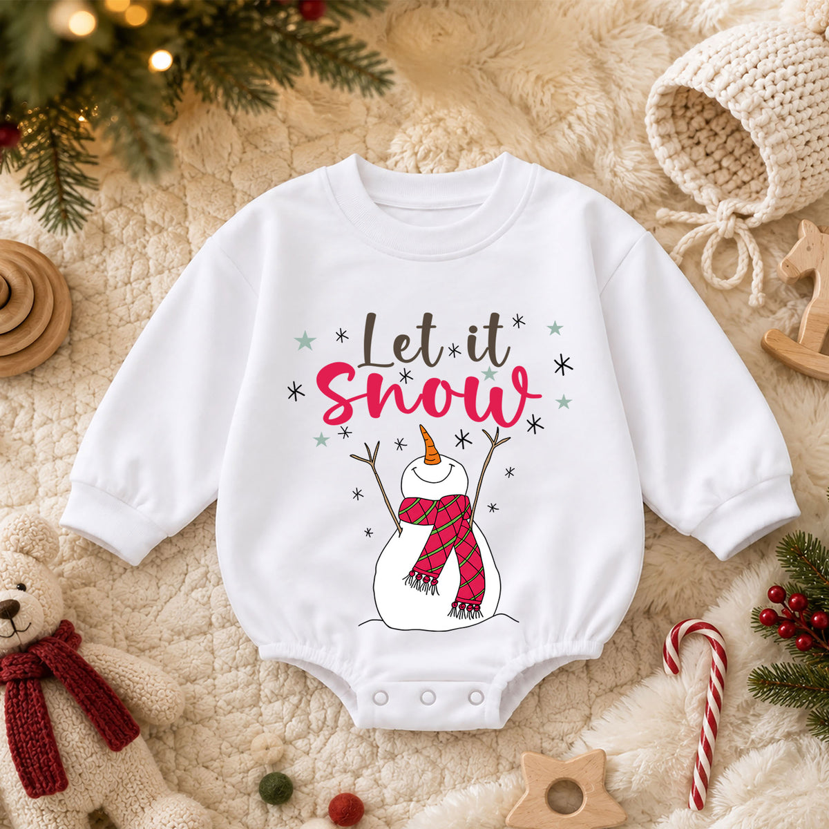 Let It Snow Snowman Christmas Baby Romper, Plaid Scarf Winter Outfit, Toddler Xmas Romper, Cute 1st Christmas Gift for Baby — product view 3