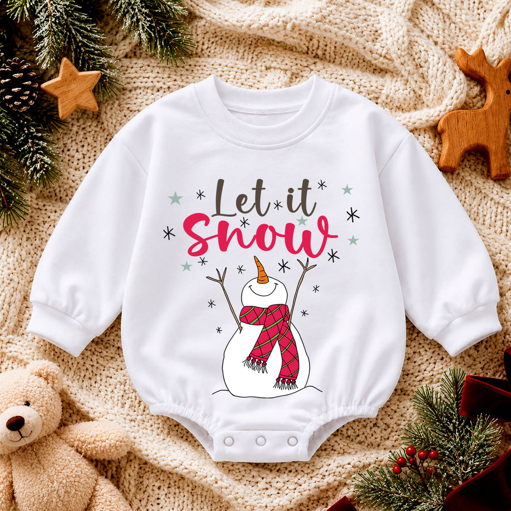 Let It Snow Snowman Christmas Baby Romper, Plaid Scarf Winter Outfit, Toddler Xmas Romper, Cute 1st Christmas Gift for Baby — product view 4