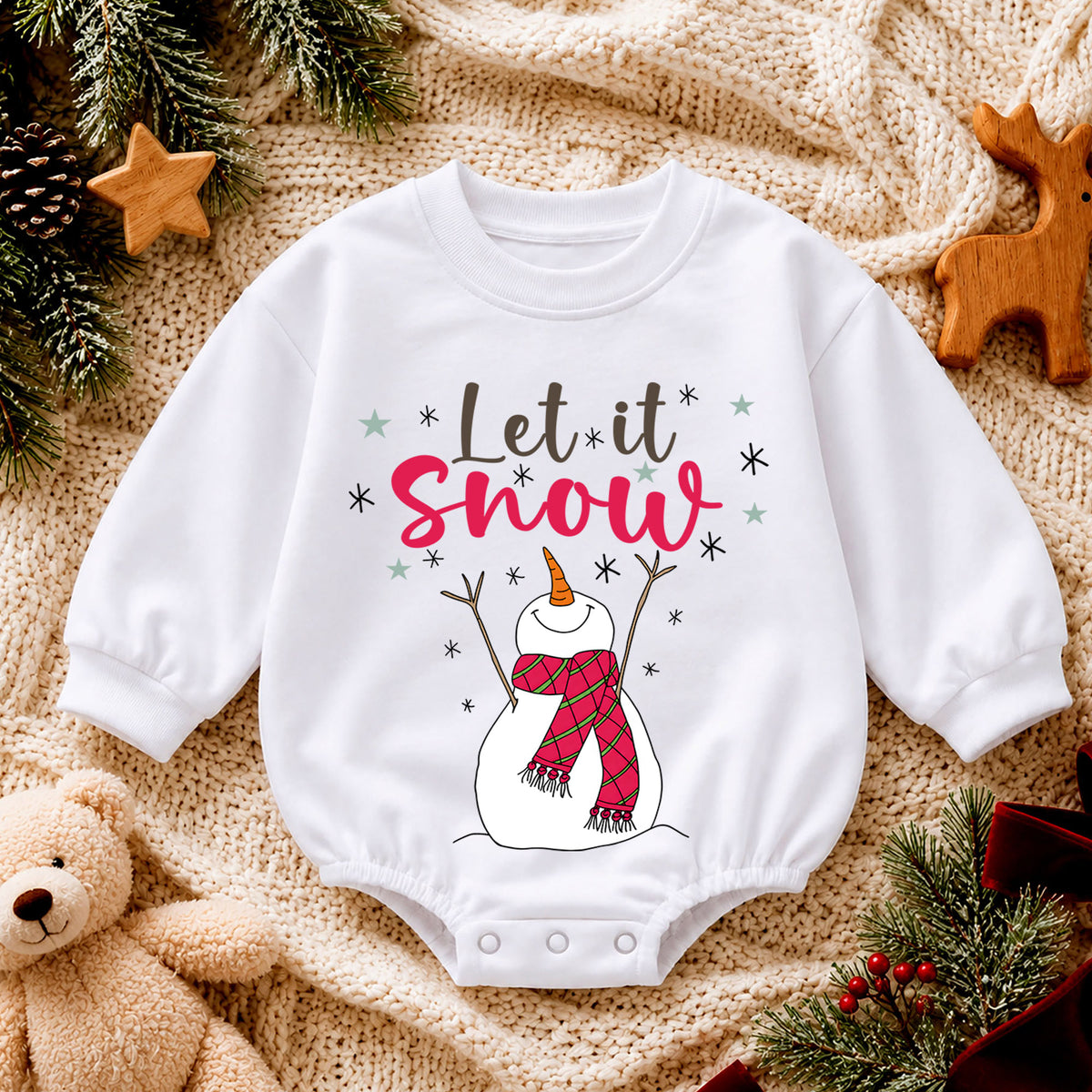 Let It Snow Snowman Christmas Baby Romper, Plaid Scarf Winter Outfit, Toddler Xmas Romper, Cute 1st Christmas Gift for Baby — product view 4