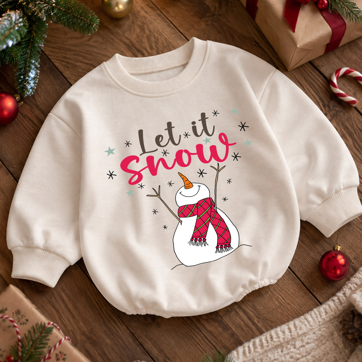 Let It Snow Snowman Christmas Baby Romper, Plaid Scarf Winter Outfit, Toddler Xmas Romper, Cute 1st Christmas Gift for Baby — product view 5