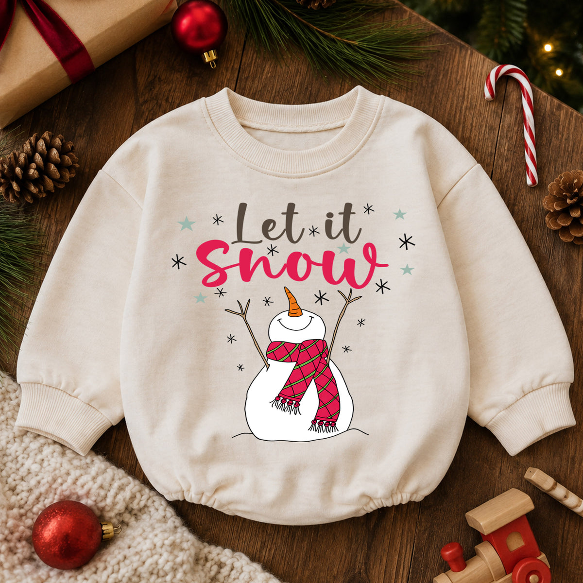 Let It Snow Snowman Christmas Baby Romper, Plaid Scarf Winter Outfit, Toddler Xmas Romper, Cute 1st Christmas Gift for Baby — product view 6