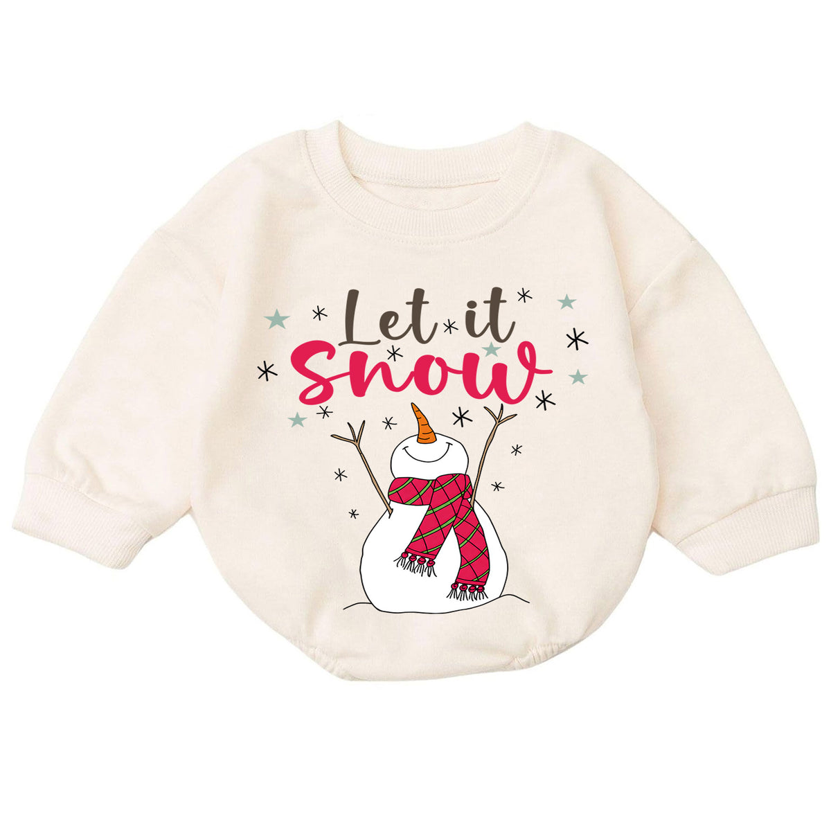 Let It Snow Snowman Christmas Baby Romper, Plaid Scarf Winter Outfit, Toddler Xmas Romper, Cute 1st Christmas Gift for Baby — product view 7