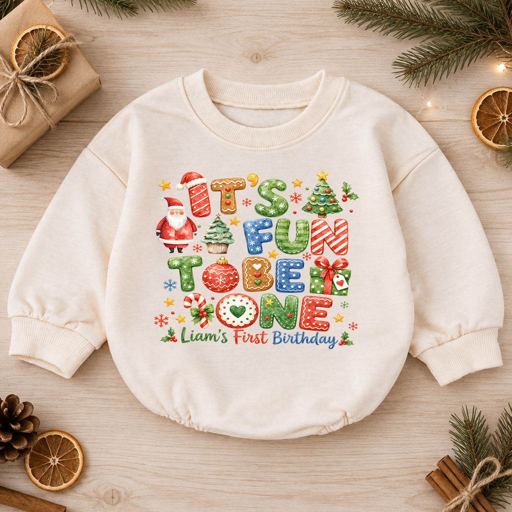 Christmas 1st Birthday Baby Romper, It's Fun to Be One Outfit, Toddler Holiday Romper, 1st Christmas Gift — product view 1