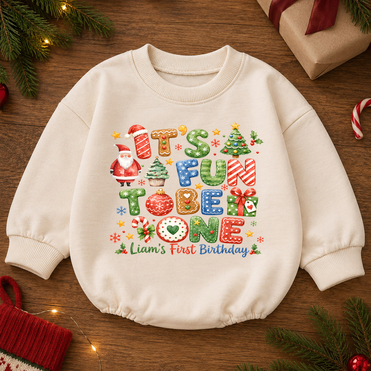 Christmas 1st Birthday Baby Romper, It's Fun to Be One Outfit, Toddler Holiday Romper, 1st Christmas Gift — product view 2
