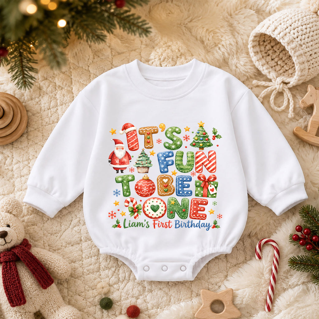 Christmas 1st Birthday Baby Romper, It's Fun to Be One Outfit, Toddler Holiday Romper, 1st Christmas Gift — product view 3