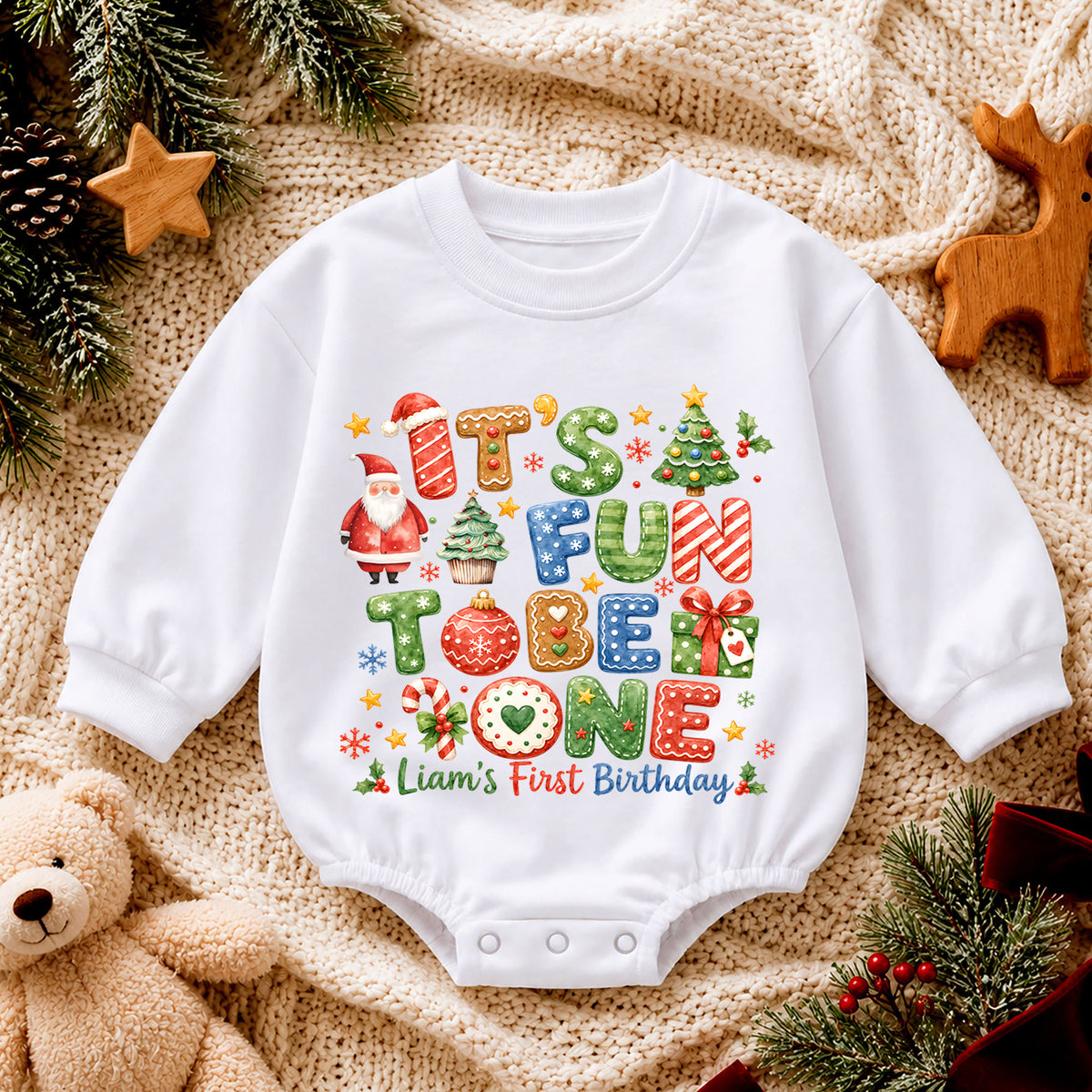 Christmas 1st Birthday Baby Romper, It's Fun to Be One Outfit, Toddler Holiday Romper, 1st Christmas Gift — product view 4