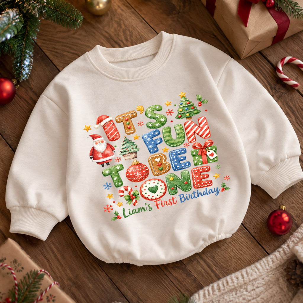 Christmas 1st Birthday Baby Romper, It's Fun to Be One Outfit, Toddler Holiday Romper, 1st Christmas Gift — product view 5