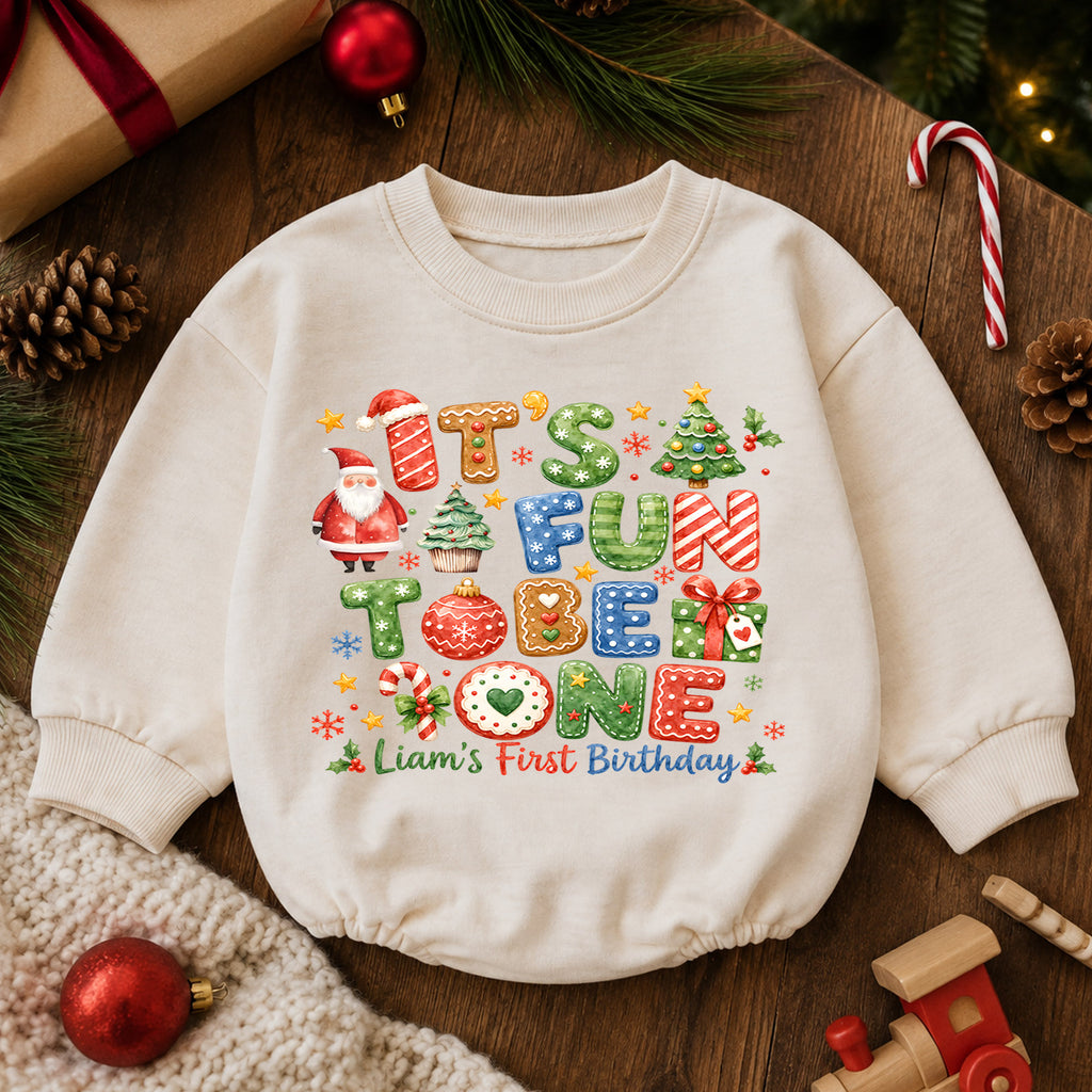 Christmas 1st Birthday Baby Romper, It's Fun to Be One Outfit, Toddler Holiday Romper, 1st Christmas Gift — product view 6