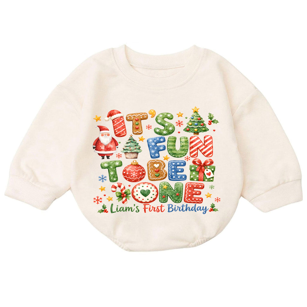 Christmas 1st Birthday Baby Romper, It's Fun to Be One Outfit, Toddler Holiday Romper, 1st Christmas Gift — product view 7