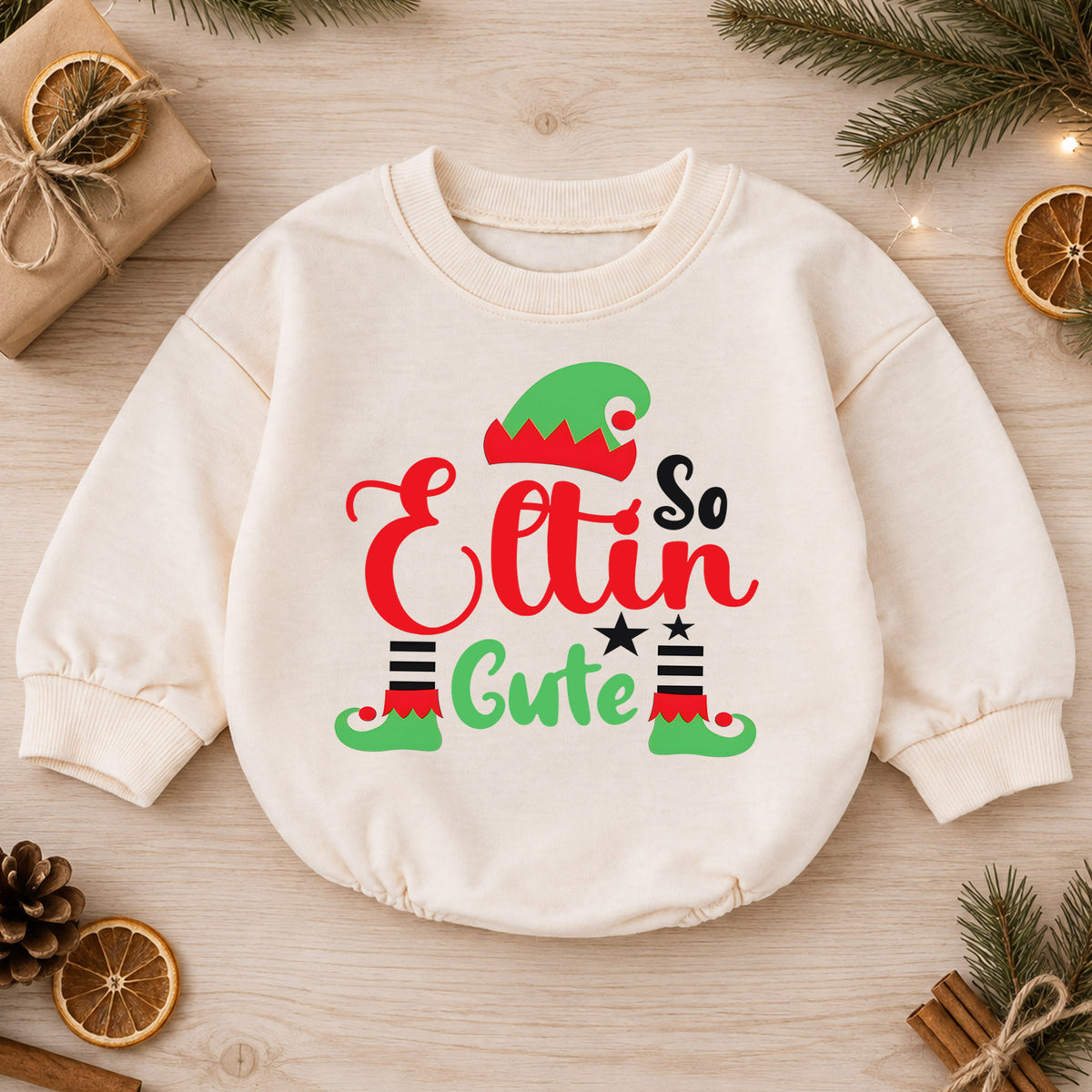 Elfin So Cute Christmas Romper for Baby, Cute Elf Toddler Romper, Funny Christmas Baby Romper, Holiday Elf Baby Outfit — product view 1