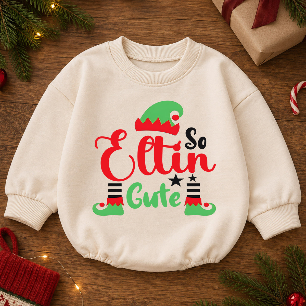 Elfin So Cute Christmas Romper for Baby, Cute Elf Toddler Romper, Funny Christmas Baby Romper, Holiday Elf Baby Outfit — product view 2