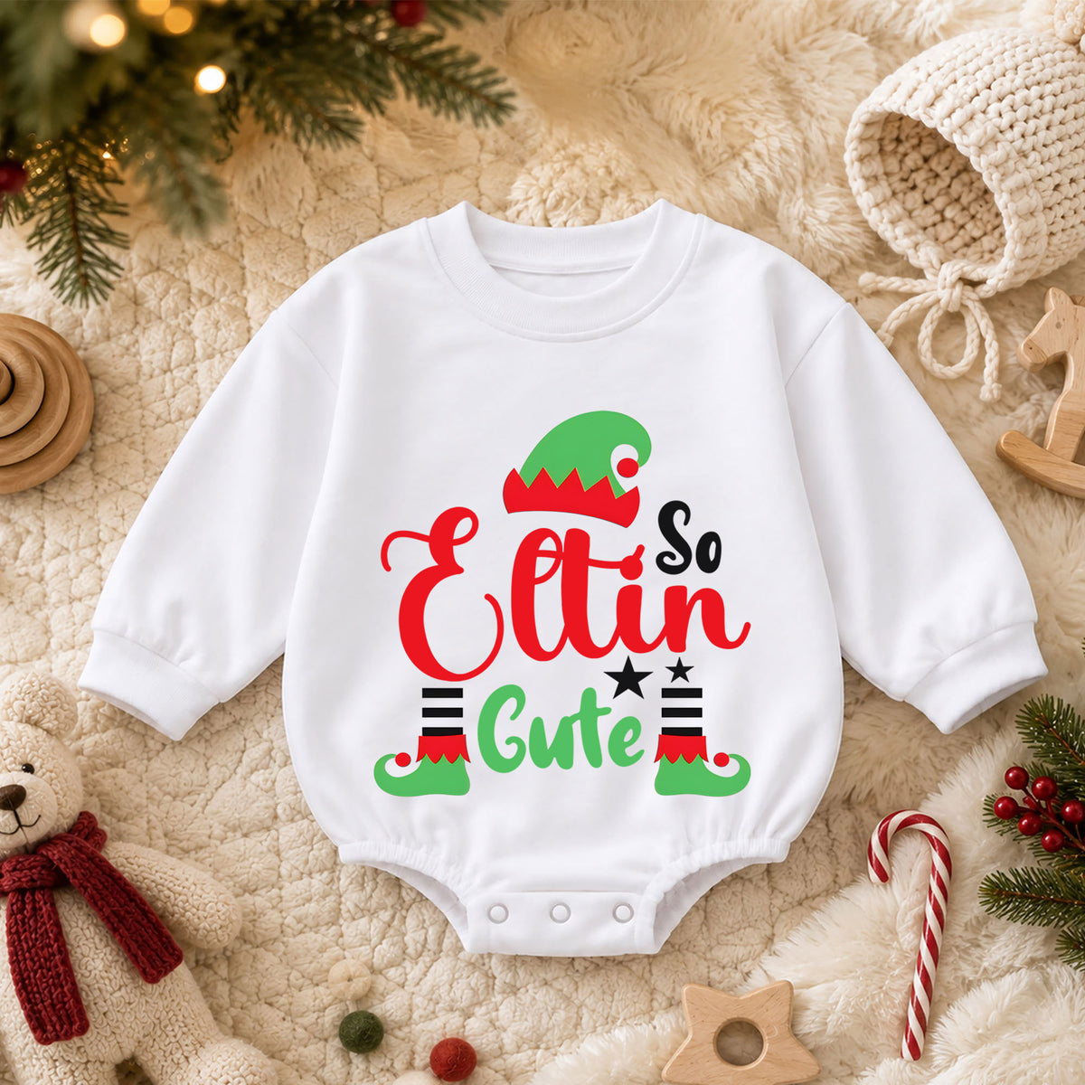 Elfin So Cute Christmas Romper for Baby, Cute Elf Toddler Romper, Funny Christmas Baby Romper, Holiday Elf Baby Outfit — product view 3