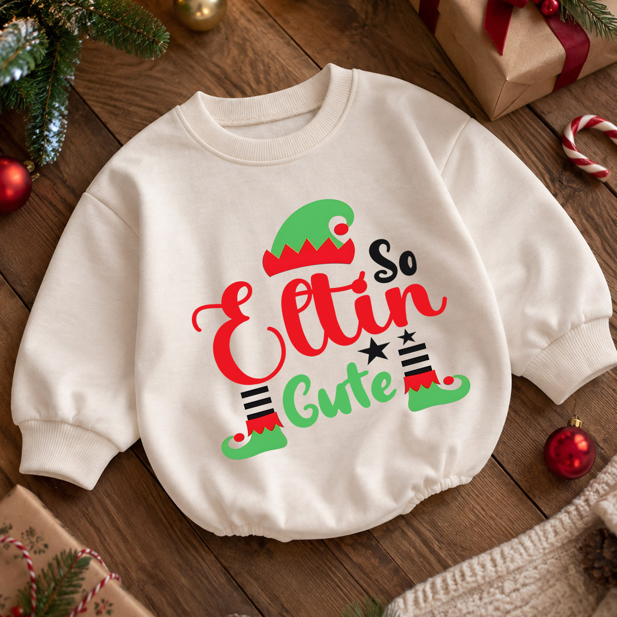 Elfin So Cute Christmas Romper for Baby, Cute Elf Toddler Romper, Funny Christmas Baby Romper, Holiday Elf Baby Outfit — product view 5