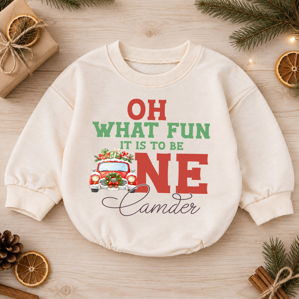 Christmas 1st Birthday Baby Romper, Oh What Fun to Be One Car Outfit, Cute 1st Christmas Gift for Baby — product view 1