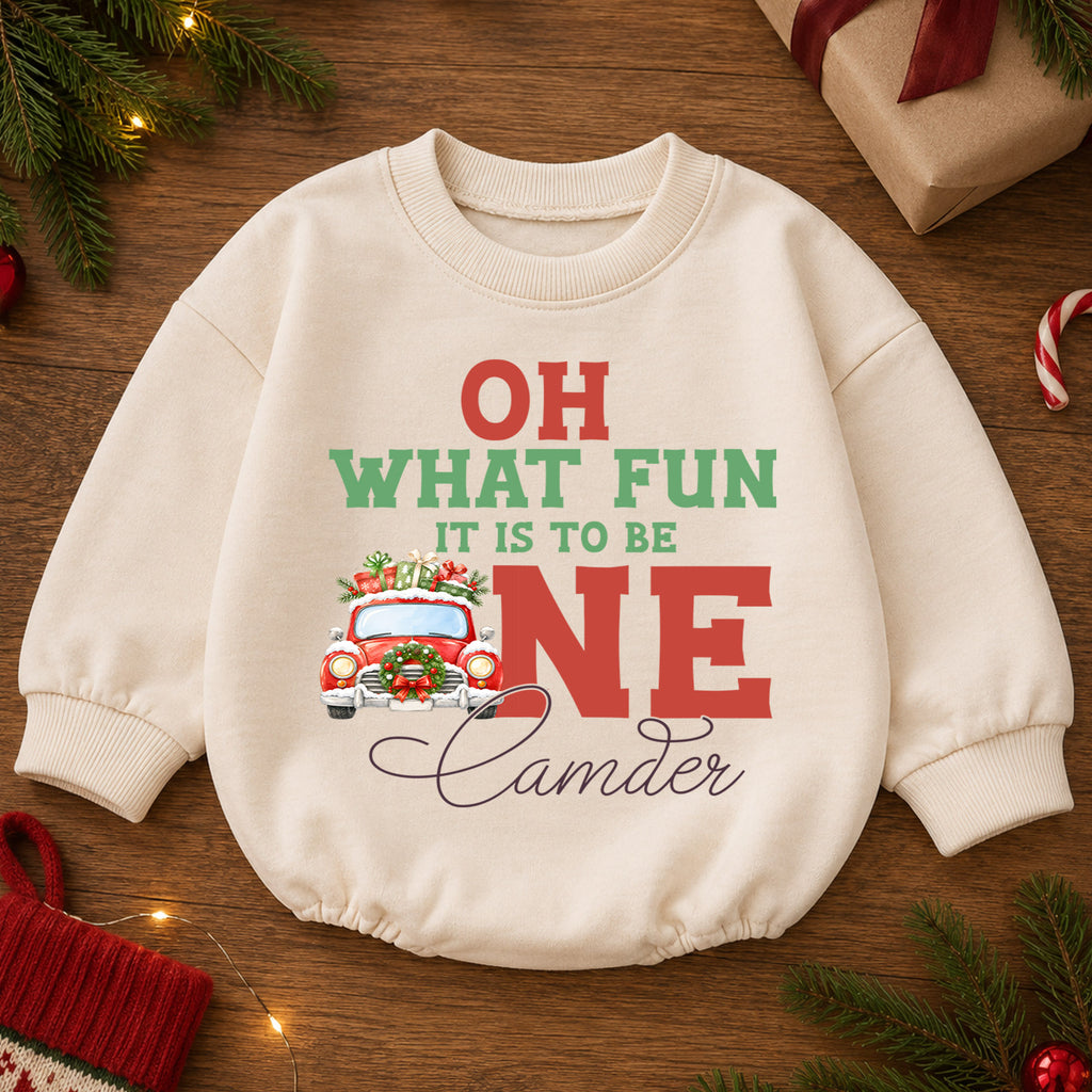Christmas 1st Birthday Baby Romper, Oh What Fun to Be One Car Outfit, Cute 1st Christmas Gift for Baby — product view 2