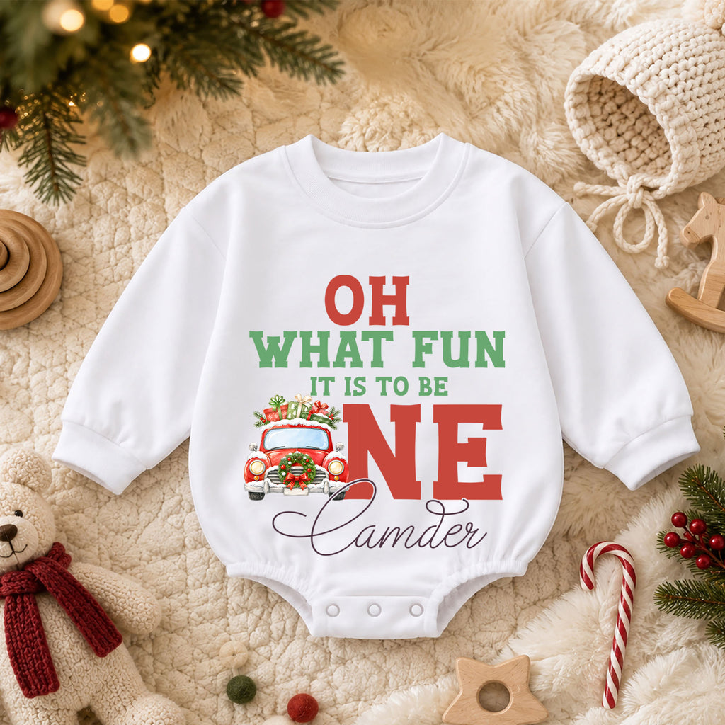 Christmas 1st Birthday Baby Romper, Oh What Fun to Be One Car Outfit, Cute 1st Christmas Gift for Baby — product view 3