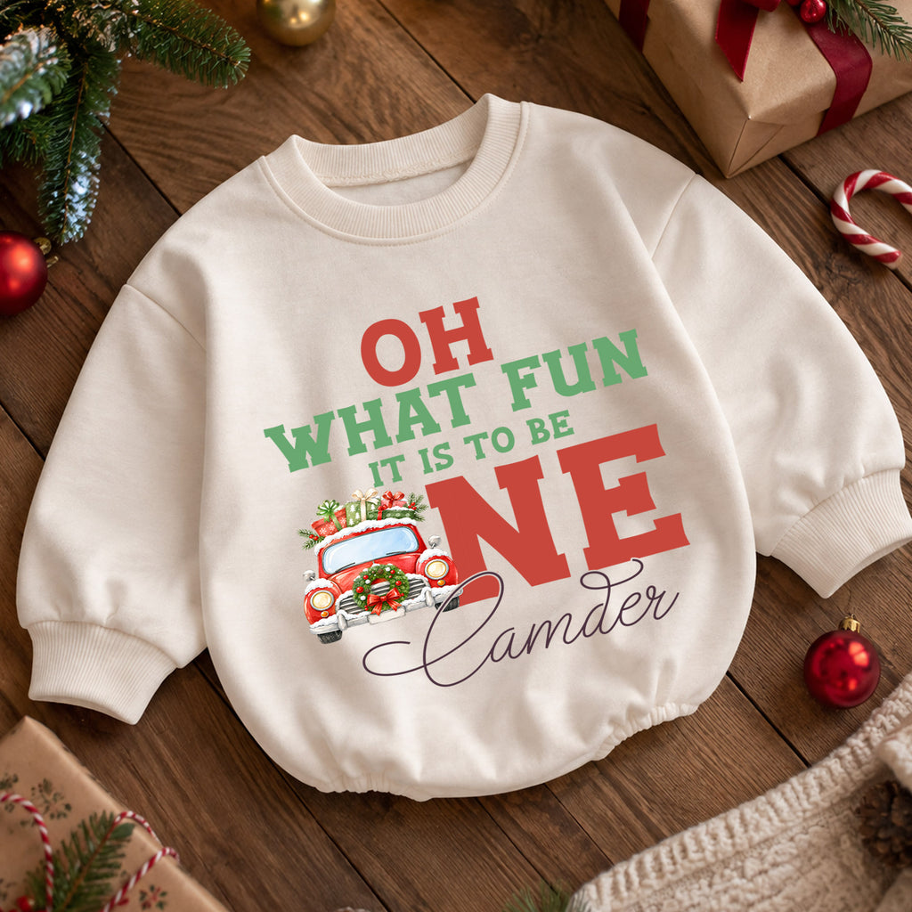 Christmas 1st Birthday Baby Romper, Oh What Fun to Be One Car Outfit, Cute 1st Christmas Gift for Baby — product view 5