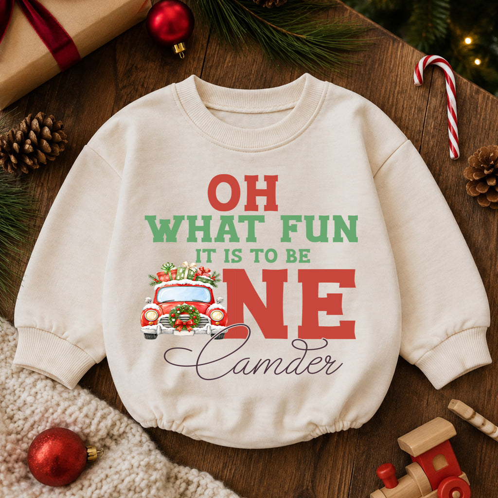 Christmas 1st Birthday Baby Romper, Oh What Fun to Be One Car Outfit, Cute 1st Christmas Gift for Baby — product view 6
