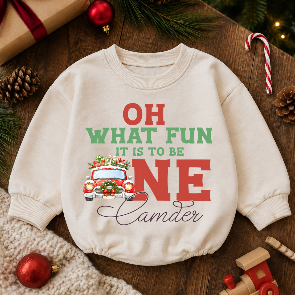 Christmas 1st Birthday Baby Romper, Oh What Fun to Be One Car Outfit, Cute 1st Christmas Gift for Baby — product view 6