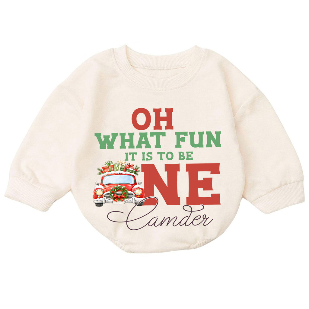 Christmas 1st Birthday Baby Romper, Oh What Fun to Be One Car Outfit, Cute 1st Christmas Gift for Baby — product view 7