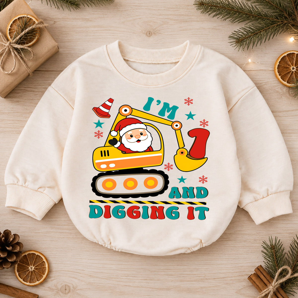 I'm 1 and Digging It Christmas Baby Romper, Santa Excavator 1st Birthday Outfit, Construction Toddler Romper, 1st Christmas Gift — product view 1