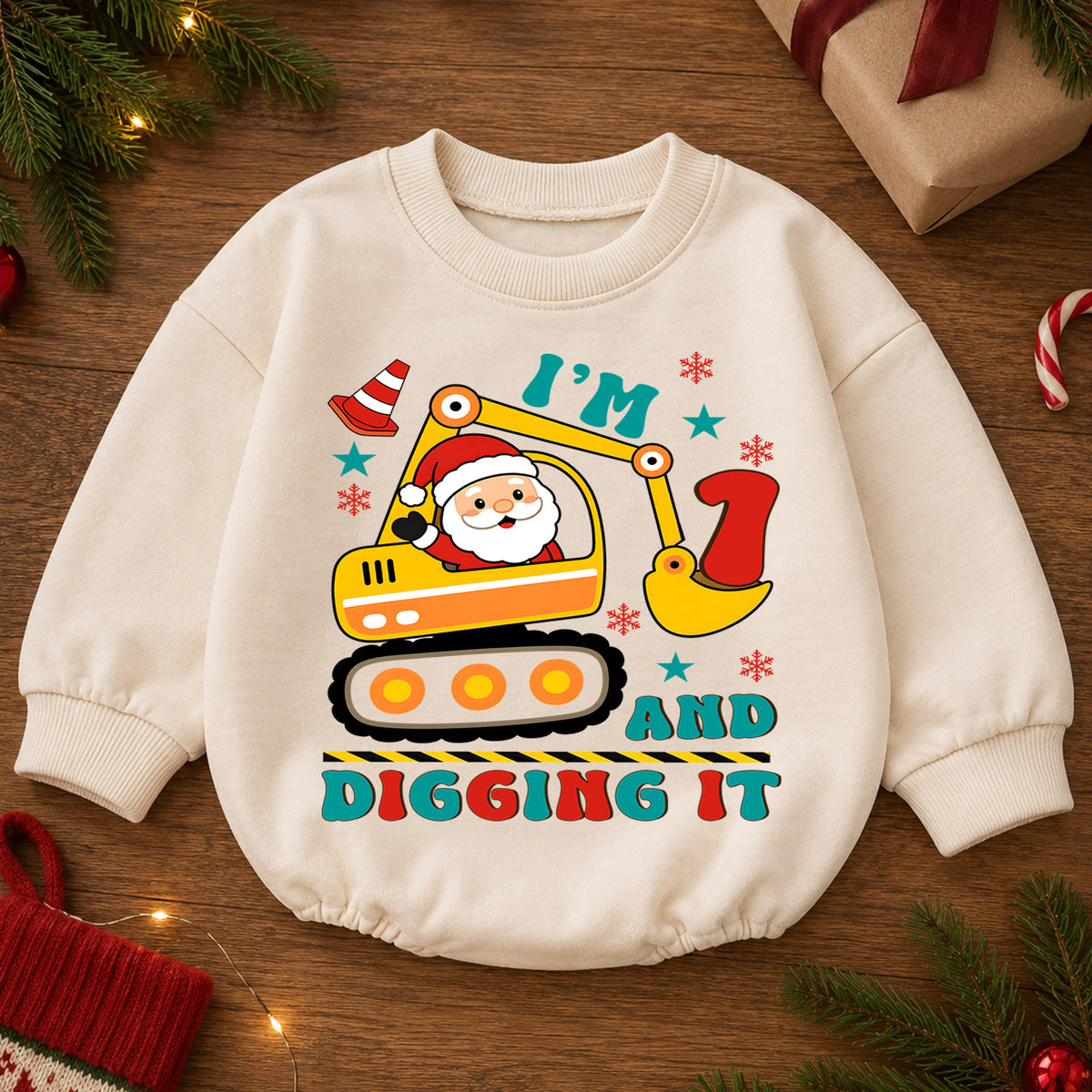 I'm 1 and Digging It Christmas Baby Romper, Santa Excavator 1st Birthday Outfit, Construction Toddler Romper, 1st Christmas Gift — product view 2