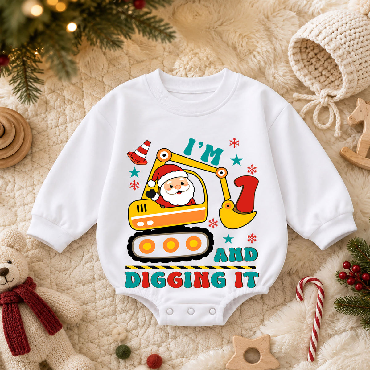 I'm 1 and Digging It Christmas Baby Romper, Santa Excavator 1st Birthday Outfit, Construction Toddler Romper, 1st Christmas Gift — product view 3