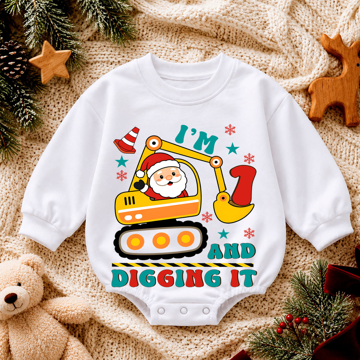 I'm 1 and Digging It Christmas Baby Romper, Santa Excavator 1st Birthday Outfit, Construction Toddler Romper, 1st Christmas Gift — product view 4