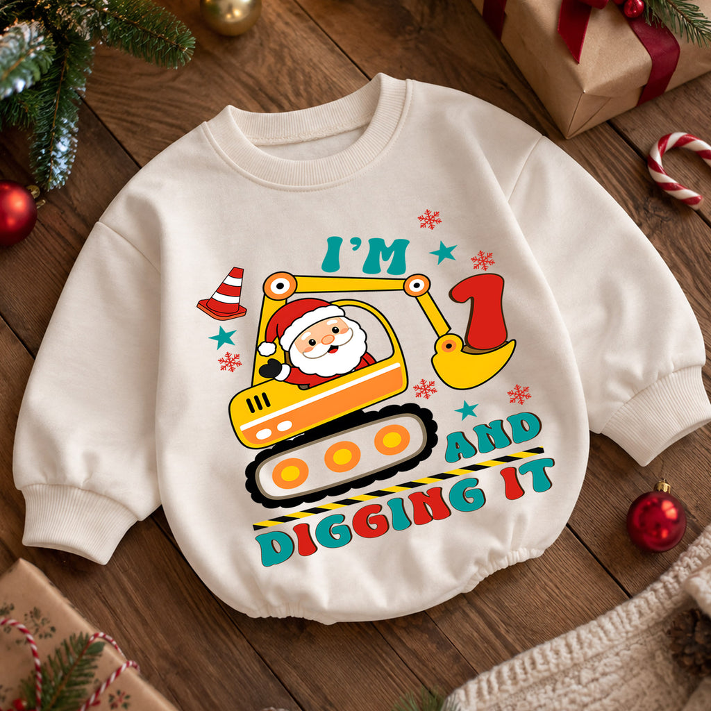 I'm 1 and Digging It Christmas Baby Romper, Santa Excavator 1st Birthday Outfit, Construction Toddler Romper, 1st Christmas Gift — product view 5