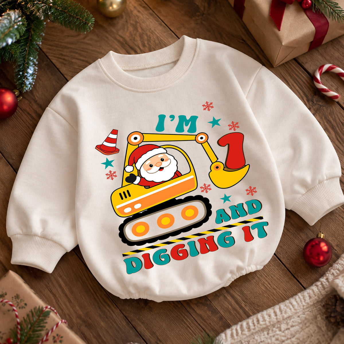 I'm 1 and Digging It Christmas Baby Romper, Santa Excavator 1st Birthday Outfit, Construction Toddler Romper, 1st Christmas Gift — product view 5