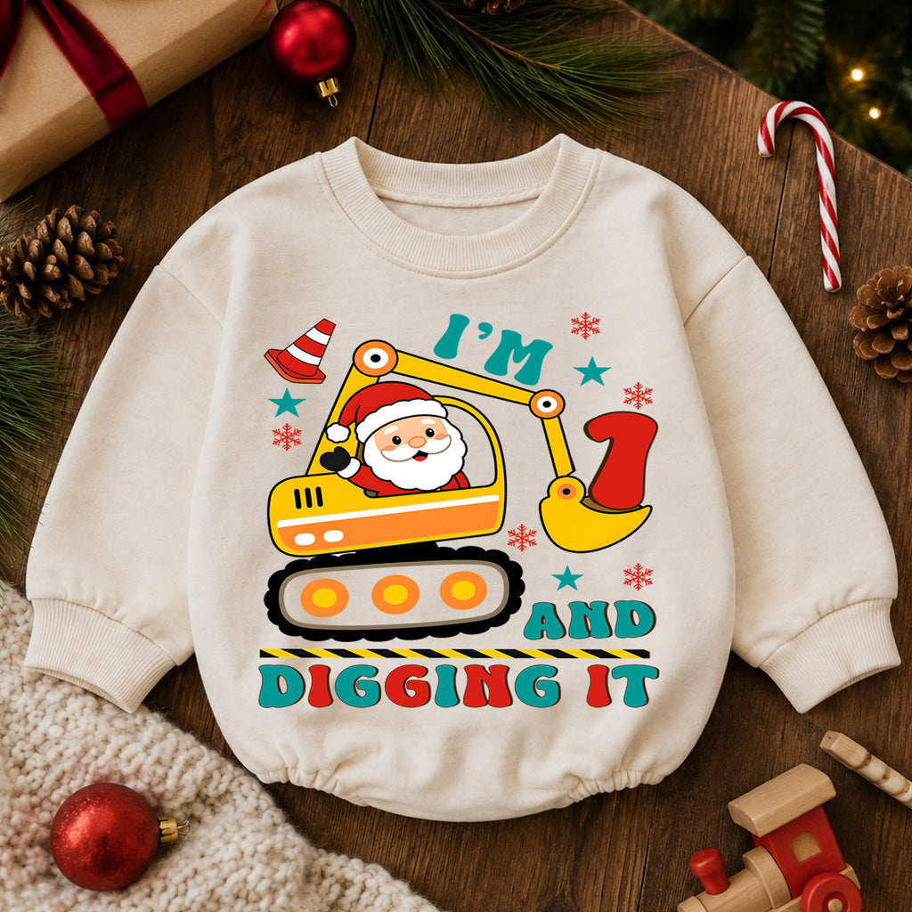 I'm 1 and Digging It Christmas Baby Romper, Santa Excavator 1st Birthday Outfit, Construction Toddler Romper, 1st Christmas Gift — product view 6