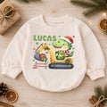 Personalized Dinosaur Christmas Romper, Custom Name Excavator Holiday Outfit, 1st Christmas Gift, My First Birthday Boy Keepsake — product view 1